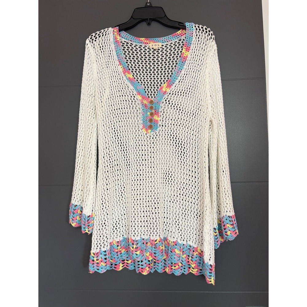 POL Women White Crochet Knit Tunic Top Pastel Trim Henley V-Neck Large HST92